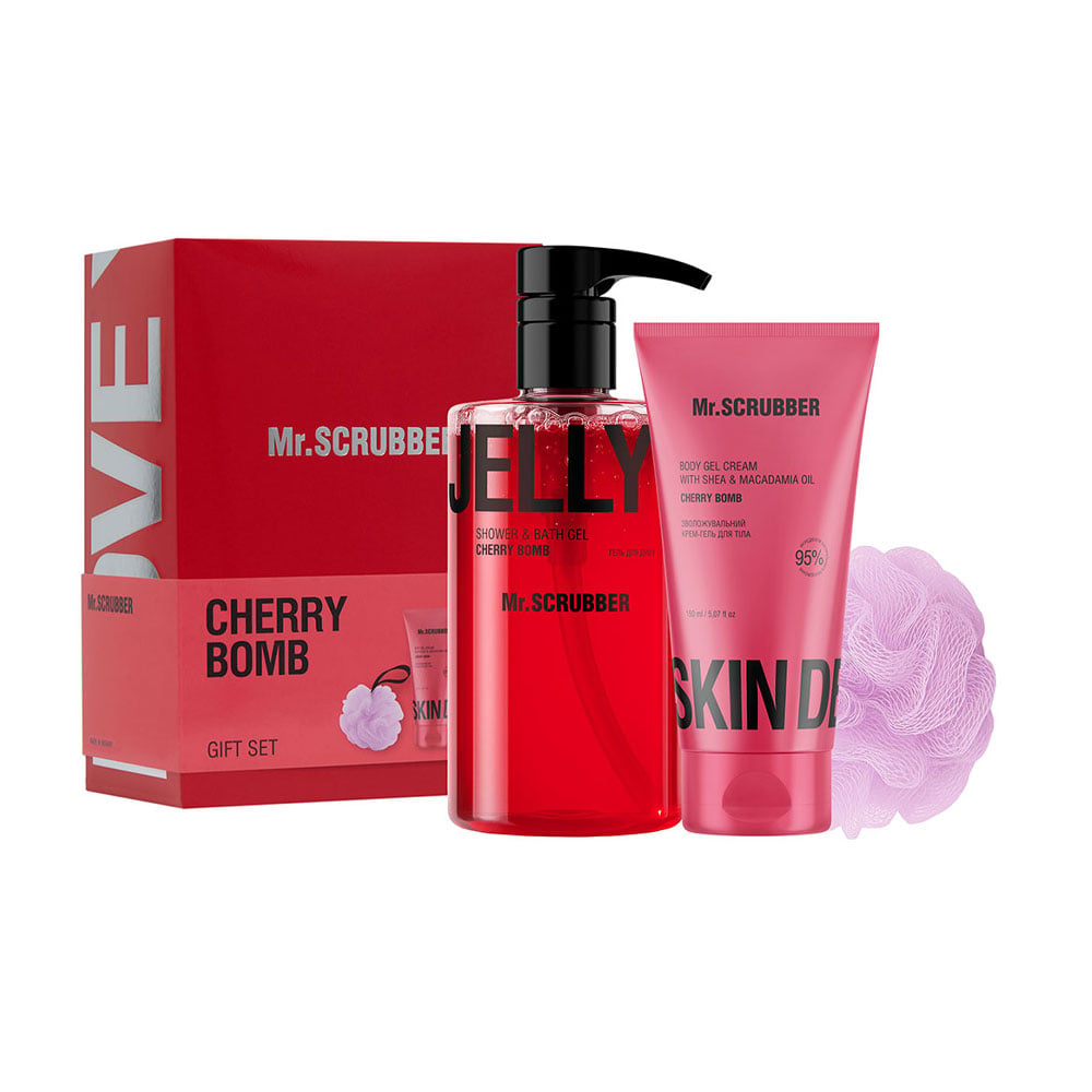 Подарунковий набір Mr.Scrubber Cherry Bomb (гель для душу, 500 мл + зволожувальний крем-гель для тіла, 150 мл + мочалка, 1 шт)